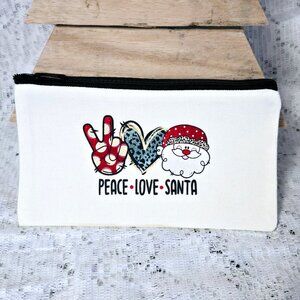 NEW SMALL CANVAS ZIPPER POUCH, COSMETIC BAG, CHRISTMAS PEACE LOVE SANTA 8"